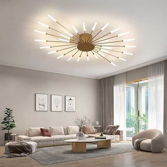 JAYMP 41.3" Ceiling Light Modern Flower Shape Ceiling Lamp for Dining Room Kitchen Hallway Flush Mount Metal Acrylic Sputnik Firework Petal LED Lighting Fixture (Matte Gold, 28 Lights)