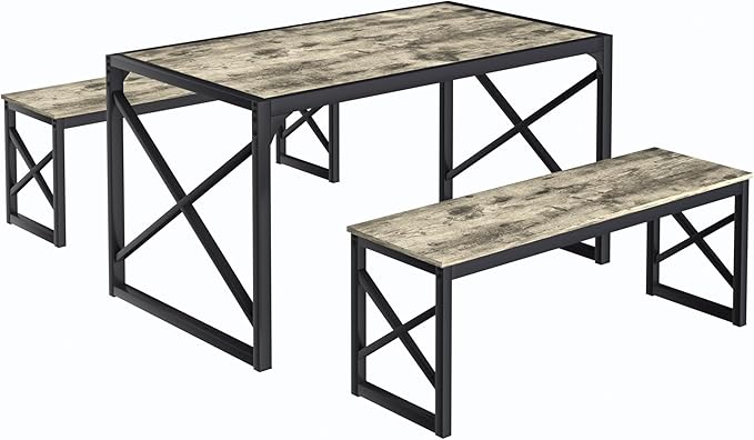 VECELO Kitchen Dining Table Benches Set for 4/6, 55" Wooden Dinette with 2 Benches, Large Embedded Desktop for Small Space, Breakfast Nook, Grey