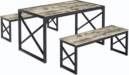 VECELO Kitchen Dining Table Benches Set for 4/6, 55" Wooden Dinette with 2 Benches, Large Embedded Desktop for Small Space, Breakfast Nook, Grey