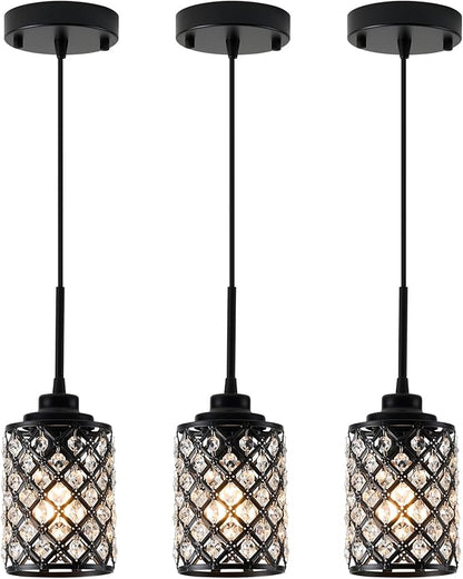 Small Pendant Light Fixtures,3-Pack Modern Pendant Lights Kitchen Island,Black Matte Finish Hanging Lighting K9 Crystal Mini Chandelier for Dining Room,Hallway,Bedroom,Foyer（3 Pack
