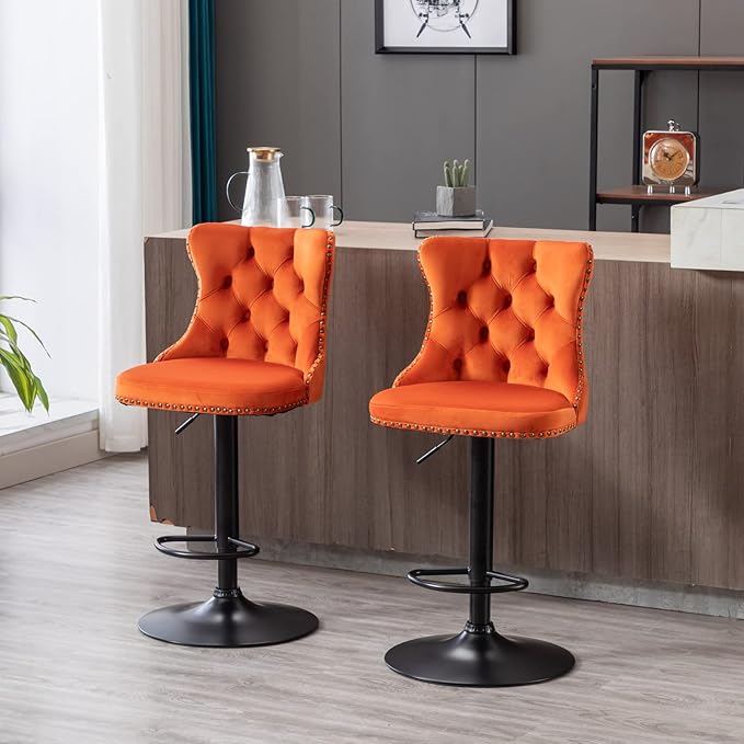 KEIKI Swivel Velvet Barstools，Upholstered Chairs Set of 2, Adjusatble Seat Height from 25-33 Inch for Home Pub, Kitchen Island, Orange