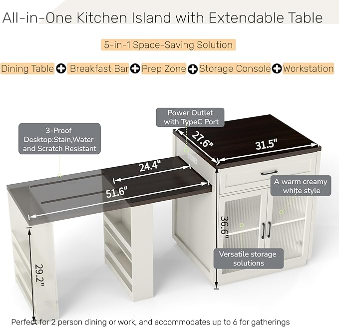 GOWE 83.1'' Extendable Kitchen Island with Slide Out Table and Storage Racks for 2-6 Person,Kitchen Island with Tempered Glass Doors,Walnut Woodgrain Dining Table,Power Outlet,Bar,Prep Stati