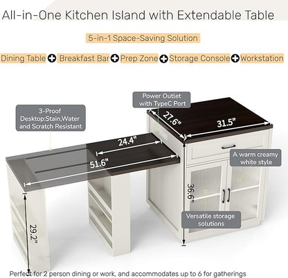 GOWE 83.1'' Extendable Kitchen Island with Slide Out Table and Storage Racks for 2-6 Person,Kitchen Island with Tempered Glass Doors,Walnut Woodgrain Dining Table,Power Outlet,Bar,Prep Stati