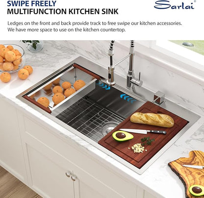 Sarlai 36 Inch Drop In Kitchen Sink - 36x22 Drop Kitchen Sink Ledge Workstation 16 Gauge Stainless Steel Sink Topmount Single Bowl Over Counter Kitchen Sinks Basin Round Corners