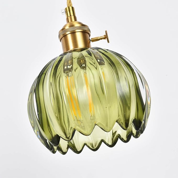 Mini Flower Hanging Lamp Plug in Pendant Light Fixtures, 15Ft Green Glass Pendant Lights Kitchen Island Dining Room Bedroom Living Room, LED Bulb Included