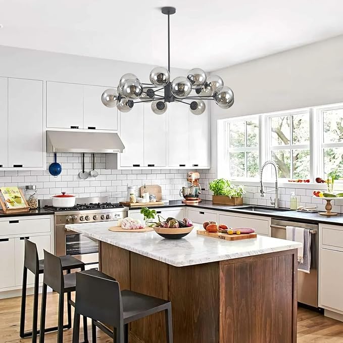 KCO Lighting Mid Century Modern Sputnik Chandelier Matte Black Smoke Gray Glass Sputnik Pendant Light 16-Light Globe Chandelier Farmhouse Kitchen Island Lighting Fixture (Black+Smoke Gray)