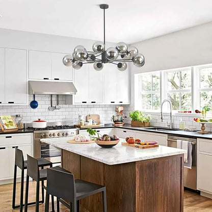 KCO Lighting Mid Century Modern Sputnik Chandelier Matte Black Smoke Gray Glass Sputnik Pendant Light 16-Light Globe Chandelier Farmhouse Kitchen Island Lighting Fixture (Black+Smoke Gray)