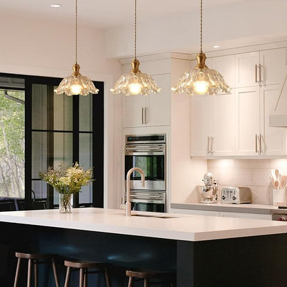 Gold Glass Pendant Lights, 10.6" 1-Light Vintage Hanging Light Fixtures with Flower Clear Glass, Antique Brushed Brass Pendant Lighting for Kitchen Island Sink Dining Room