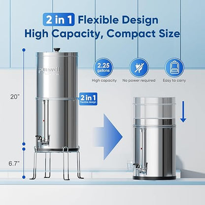 Purewell 8-Stage Gravity Fed Water Filter System, 2.25 Gallon Stainless Steel Countertop System with 4 Filters, Metal Water Level Spigot and Stand, Reduce Fluoride and Chlorine, PW-OBT-CF