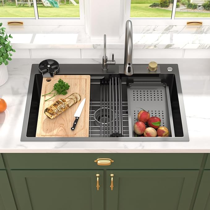 33x22 Gunmetal Black Drop In Kitchen Sink with Faucet, Waterfall Feature & Cup Washer, 16 Gauge 304 Stainless Steel, Workstation Accessories 3-Hole Sink for Residential Kitchen #TLWF-0001