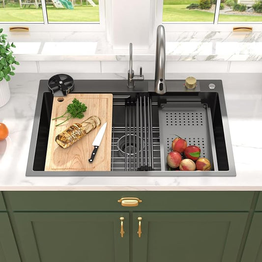 33x22 Gunmetal Black Drop In Kitchen Sink with Faucet, Waterfall Feature & Cup Washer, 16 Gauge 304 Stainless Steel, Workstation Accessories 3-Hole Sink for Residential Kitchen #TLWF-0001