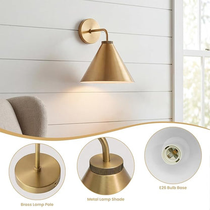 Retro Industrial Metal Cone Sconce Light - Vintage Inspired Modern Brass Wall Sconce with Metal Shade, Wall Mount Lighting for Bedroom, Hallway, Living Room (10.5“Dia x 12.5" H Brass)
