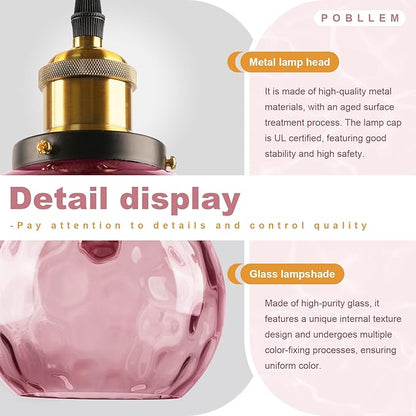 13.8-inch Globe Hanging Lamp with Plug in Cord, Pink Glass Pendant Light Vintage Plug in, Large Hammered Glass Hanging Swag Lamps for Kitchen Dining Room Girls Bedroom Living Room