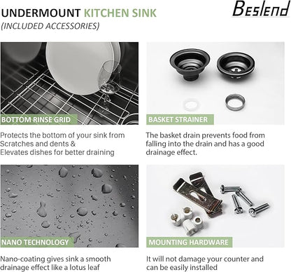 33 Inch Black Undermount Kitchen Sink - Beslend 33”x19”x10” Stainless Steel Gunmetal Black 16 Gauge 10 Inch Deep 50/50 Double Bowl Kitchen Sink Basin, 33 Inch-50/50