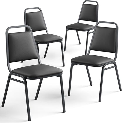 Modern Dining Chairs Set of 4, Faux Leather Upholstered Kitchen Chairs with Cushion Seat, Stackable Metal Frame, No Assembly, Dining Room Chairs for Kitchen Restaurant Living Room, Black