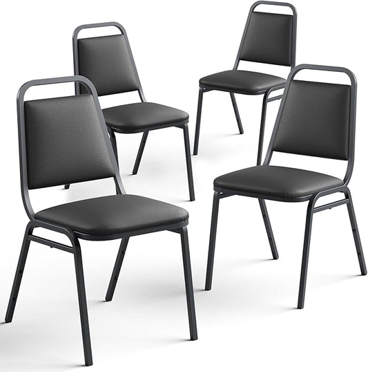 Modern Dining Chairs Set of 4, Faux Leather Upholstered Kitchen Chairs with Cushion Seat, Stackable Metal Frame, No Assembly, Dining Room Chairs for Kitchen Restaurant Living Room, Black