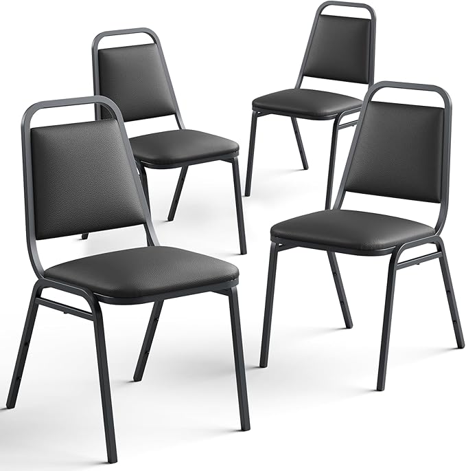 4 Pack Stacking Chairs No Assembly, Black Padded Reception Chairs with Built-in Handle, 300lbs Capacity Waiting Room Conference Office Guest Chairs Set of 4 for Home Restaurant