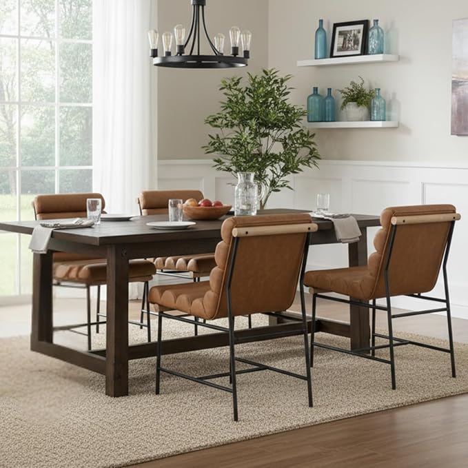 Modern Upholstered Dining Chairs Set of 4, Brown PU Leather Dining Room Chairs with Tufted Back & Cushion, Comfy Armless Kitchen Chairs with Black Metal Legs for Dinner Living Room