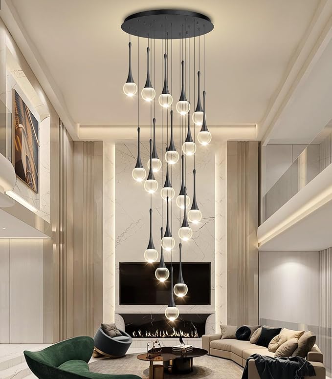 20 Light Crystal Chandelier for High Ceiling Dimmable LED Pendant Lights with Remote Adjustable Chandeliers for Staircase Foyer Living Room Black