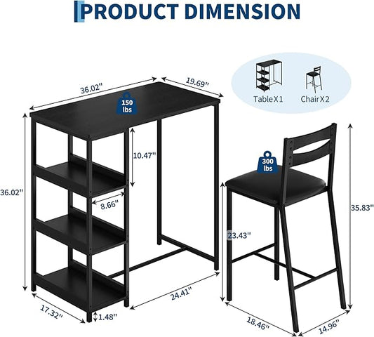 IDEALHOUSE 36" Counter Height Dining Table Set for 2 with Upholstered Bar Chairs and Storage Shelves, Space-Saving Kitchen Table for Small Space, Apartment, Studio, Black