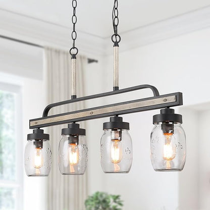 Farmhouse Chandelier, 4-Light Rustic Mason Jar Pendant Chandeliers Light Fixture for Dining Room, Linear Faux Wood Kitchen Island Lighting
