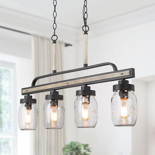 Farmhouse Chandelier, 4-Light Rustic Mason Jar Pendant Chandeliers Light Fixture for Dining Room, Linear Faux Wood Kitchen Island Lighting