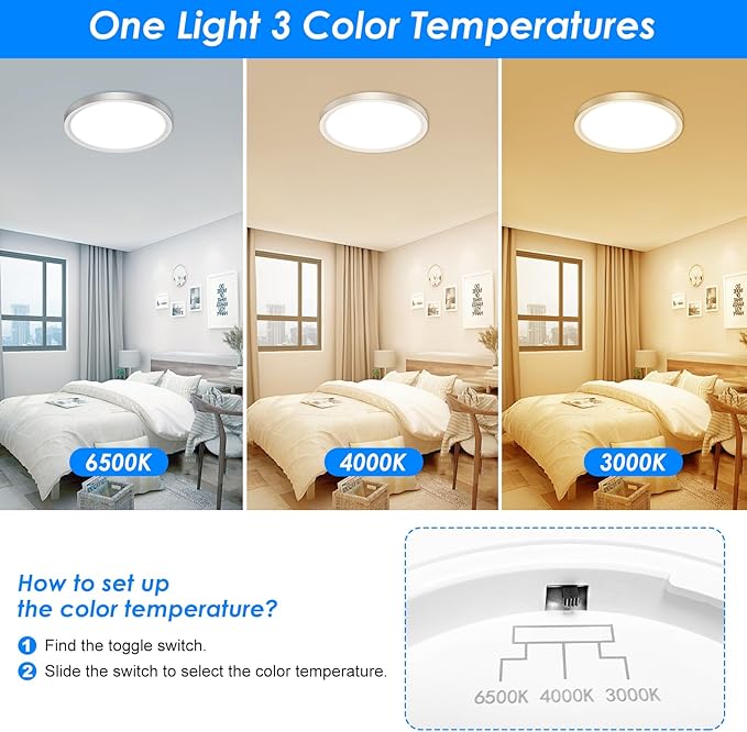 Peasur 7 Inch Satin Round Lighting Brushed Nickel, 15W LED Slim Flush Mount Ceiling Light,3000K/4000K/6500K Adjustable, Modern LED Ceiling Light for Bedroom, Living Room and Kitchen(2-Pack)