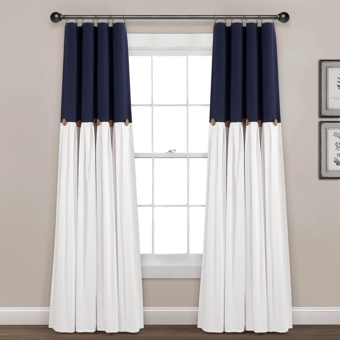 Lush Decor Linen Button Window Curtain Panel, Single, 40" W x 84" L, Navy & White - Country Curtains - Rustic Decor - Color Block Modern Curtains For Living Room, Bedroom & Dining Room - 100% Blackout