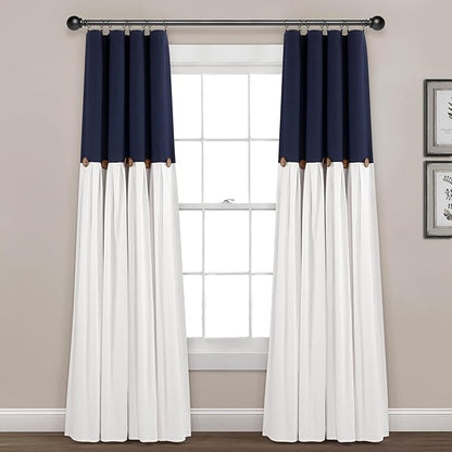Lush Decor Linen Button Window Curtain Panel, Single, 40" W x 84" L, Navy & White - Country Curtains - Rustic Decor - Color Block Modern Curtains For Living Room, Bedroom & Dining Room - 100% Blackout