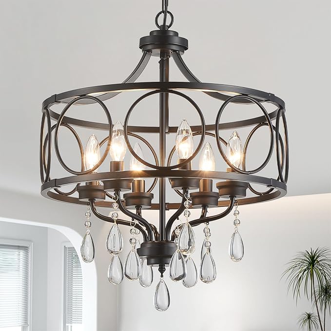 Modern Black Chandelier 17.7" Metal Crystal Pendant Lighting Fixture Hanging 6-Light for Dining Room Bedroom Living Room Kitchen Entryway