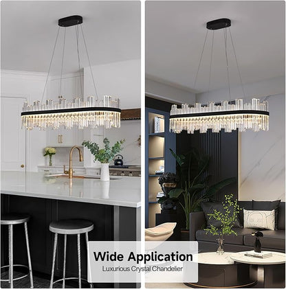 Black Led Modern Crystal Chandelier: 39.3" Rectangle Linear 3 Color Dimmable Chandeliers for Dining Room Over Table - Luxury Rectangular Contemporary Oval Light Fixture for Living Room Bedroom Foyer