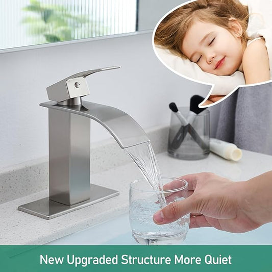 VOTON Waterfall Bathroom Faucets Brushed Nickel Modern Single Handle Sink Faucet for 1 or 3 Holes with Deck Plate and Pop-Up Drain, Rv Sink Camper Farmhouse Faucet