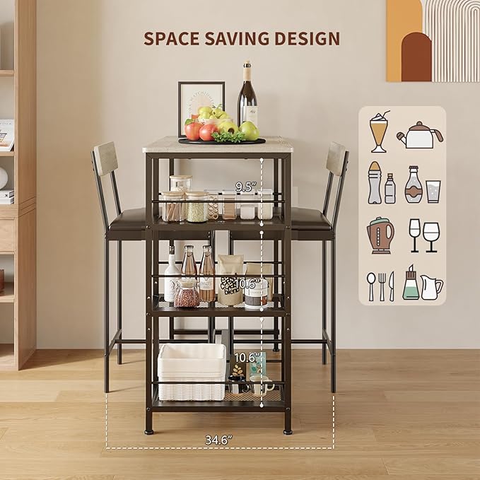 3-Piece Modern Dining Set, Dining Table Set with 2 Upholstered Bar Stools,Bar Table Set w/ Metal Frame&Built-in Wine Rack for Kitchen Dining Room Apartment Breakfast Nook 36"Lx 16.7"W x 37.2"H Gray