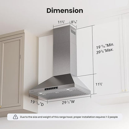 VIKIO HOME Wall Mount 30 Inch Range Hood 900 CFM, Ductless/Ducted Convertible Kitchen Hood, 3-speed Gesture Sensing & Touch Control, Stainless Steel Kitchen Vent Hood with Permanent Baffle Filters