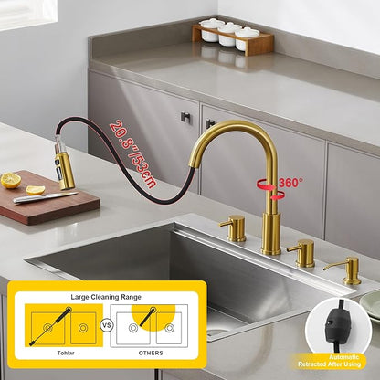 Tohlar 4 Hole Kitchen Faucet, Brushed Gold Kitchen Faucet with Soap Dispenser and Pull Down Sprayer 3 Modes Kitchen Sink Faucets, Stainless Steel High Arch Kitchen Sink Faucet with Separate Handle