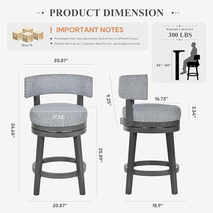 COLAMY Swivel Counter Height Bar Stools Set of 4, 25 Inch Modern Upholstered Kitchen Island Barstools with Back, Wood Swivel Bar Chairs for Counter Bar Dining Room, Grey
