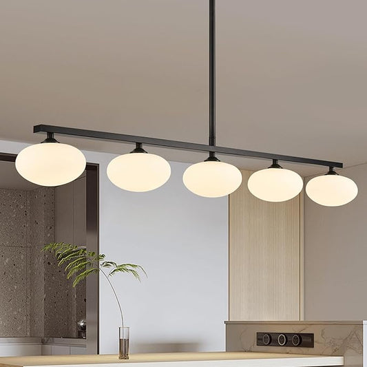 5-Light Linear Chandelier, Black Kitchen Island Light, Mid Century Globe Chandelier, Dining Room Light Fixture with Milk Glass Shades
