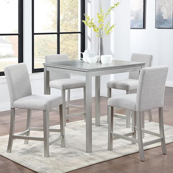 5 Piece Counter Height Dining Table Set for 4, Elegant Wooden Kitchen Table and 4 Upholstered Chairs with Crystal Decoration, Square Dining Table Set for Kitchen and Dining Room, Silver Grey