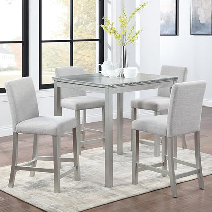 5 Piece Counter Height Dining Table Set for 4, Elegant Wooden Kitchen Table and 4 Upholstered Chairs with Crystal Decoration, Square Dining Table Set for Kitchen and Dining Room, Silver Grey