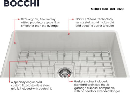 BOCCHI Classico Farmhouse Apron Front Fireclay 30 in. Single Bowl Kitchen Sink with Protective Bottom Grid and Strainer in White