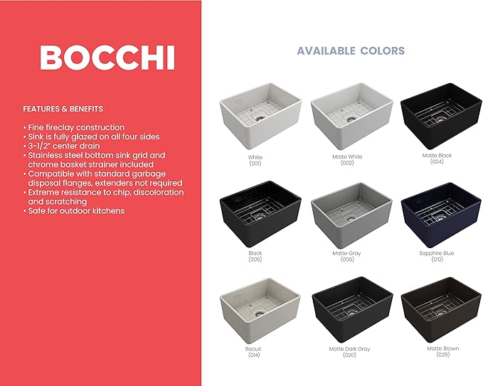 BOCCHI Classico Farmhouse Apron Front Fireclay 24 in. Single Bowl Kitchen Sink with Protective Bottom Grid and Strainer in Biscuit