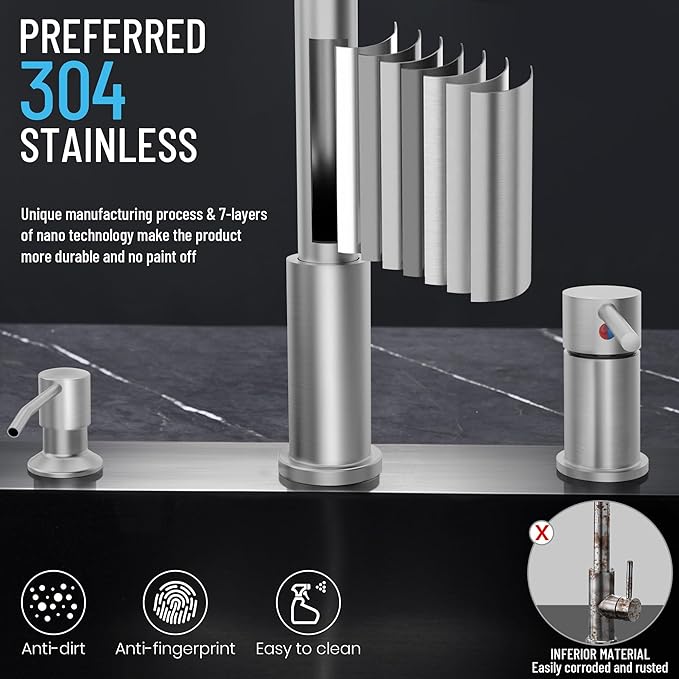 3 Hole Kitchen Faucets, Brushed Nickel Kitchen Faucet with Soap Dispenser, Kitchen Faucets with Pull Down Sprayer and Single Side Handle 3 Pieces, Stainless Steel High Arc Kitchen Sink Faucet