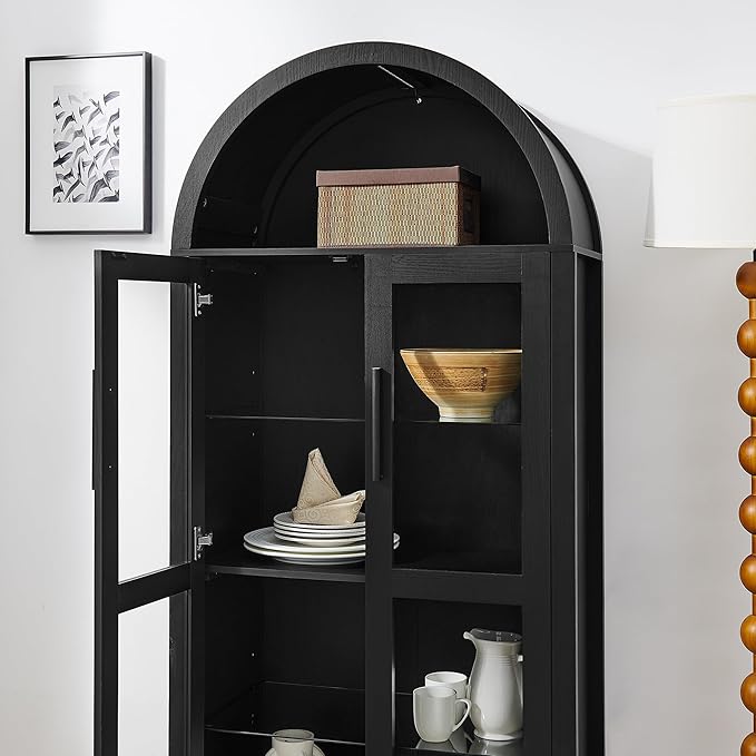Ball & Cast 67" Tall Arched Kitchen Pantry Cabinet with Lamp, Modern Wooden Storage Cabinets with Glass Doors & Adjustable Shelves,Versatile Display Cabinet for Kitchen, Living Room,Dining Room,Black