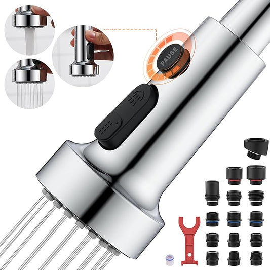 TIORIY Kitchen Faucet Spray Head Replacement with 15 Adapters, Plastic Spray Nozzle for Kitchen Faucet 3 Modes, Compatible with American Standard Faucets, Pause Mode (Chrome)