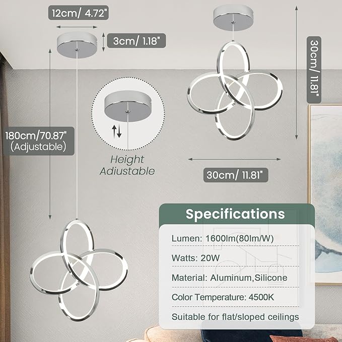 Modern Pendant Lighting, 4500K Chrome Pendant Light Kitchen Island, Height Adjustable Hanging Pendant Light Fixtures for Dining Room Kitchen Sink Bedroom Hallway,1 Pack