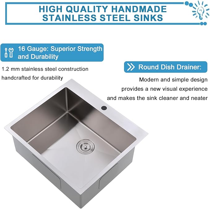 VAPSINT 25x22 Inch Drop In Kitchen Sink, 25 Inch Top Mount 16 Gauge Stainless Steel Single Bowl Deep Small Kitchen Sink, RV Laundry Utility Sinks with Basket Strainer