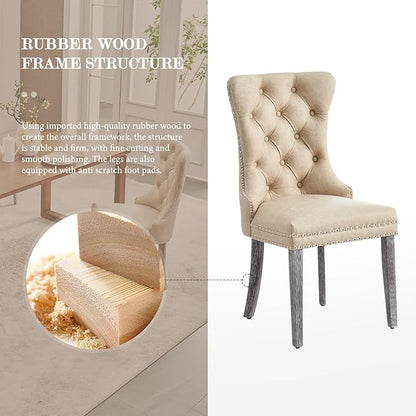 Eifizek Leather Dining Chair Set of 4, Dining Room Chairs with Nailhead Ring Pull Trim, Upholstered Dining Chairs with Solid Wood Legs for Kitchen Dining Room (Beige)