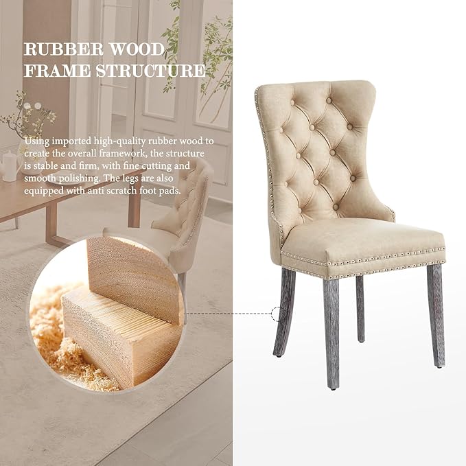 Eifizek Leather Dining Chair Set of 2, Dining Room Chairs with Nailhead Ring Pull Trim, Upholstered Dining Chairs with Solid Wood Legs for Kitchen Dining Room (Beige)