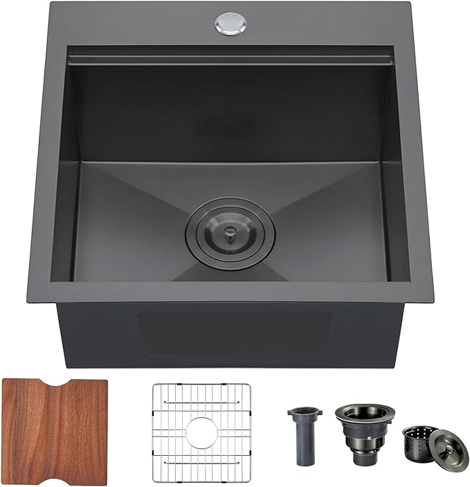 KINGO HOME 18" Drop in Black Bar Workstation Sink, 18" x 18" x 9" Single Bowl Small Kitchen Camper Sink,304 Stainless Steel Topmount Outdoor Wet Bar Sinks Prep Sinks