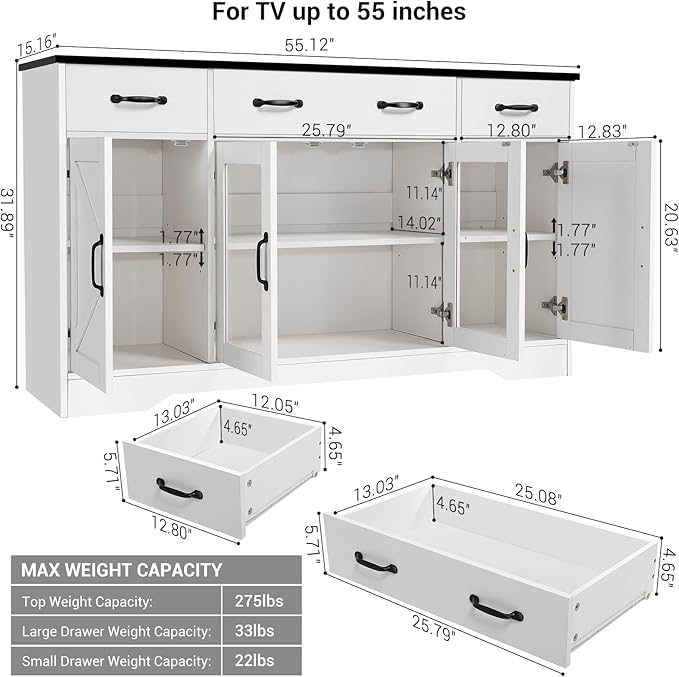 Homdox 55" Buffet Cabinet with Storage, Modern Farmhouse Sideboard with Adjustable Shelves and Glass Doors, Large Wood Coffee Bar Cabinet for Kitchen, Living Room, White